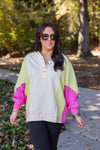 pink lime green color block pullover