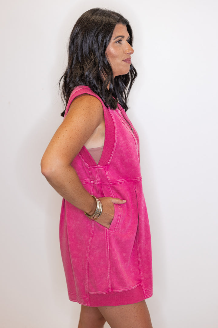 washed magenta pink cotton romper side