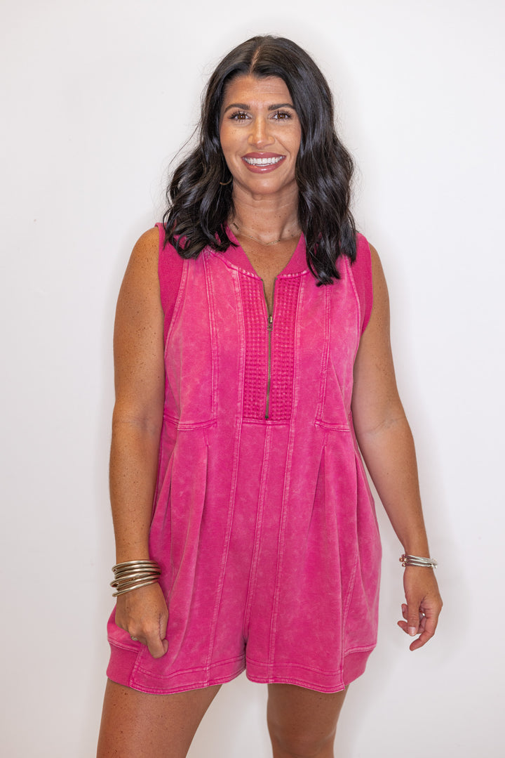 washed magenta pink cotton romper