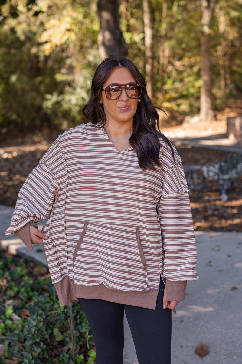 brown ivory striped hooded pullover