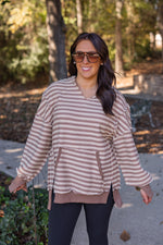 brown ivory striped hooded pullover