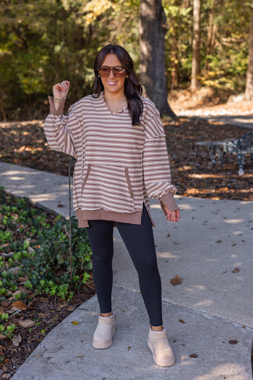 brown ivory striped hooded pullover