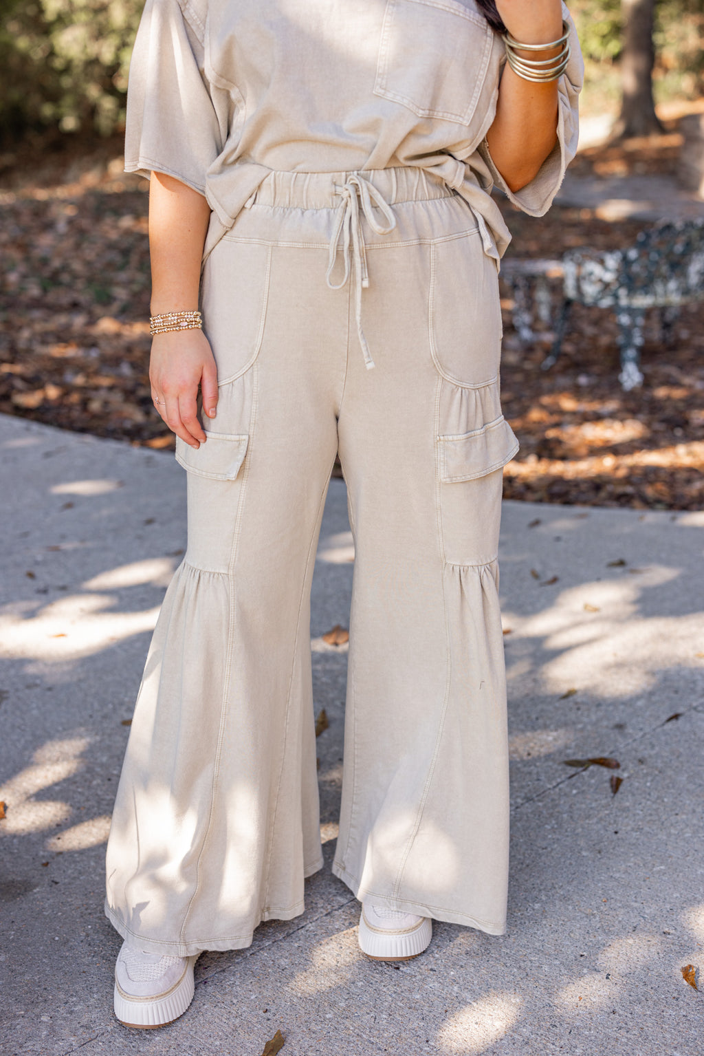 easel khaki washed cotton wide leg pant