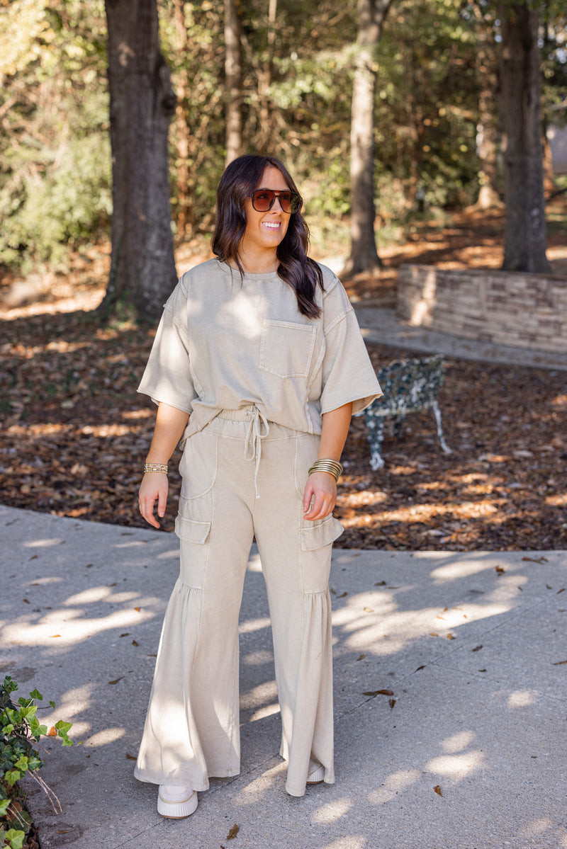 easel khaki washed cotton wide leg pant