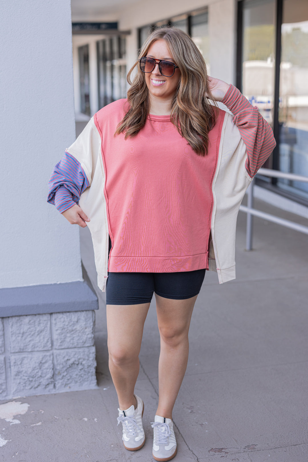 Women's dark coral and taupe terry knit pullover top with stripe details by Easel