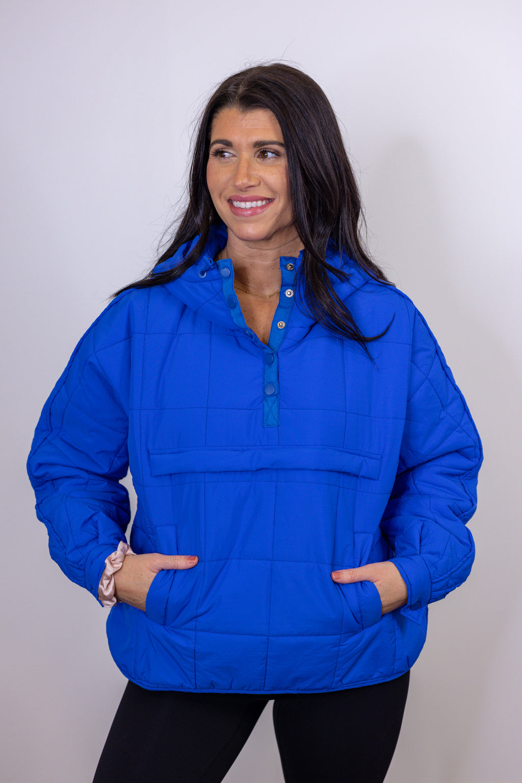 royal blue quilted hooded pullover