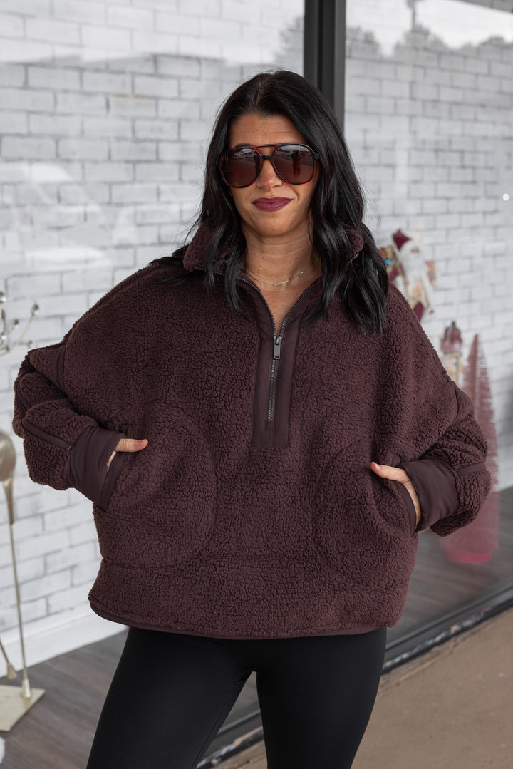 Women's espresso sherpa quarter zip pullover jacket with espresso trim by Rae Mode