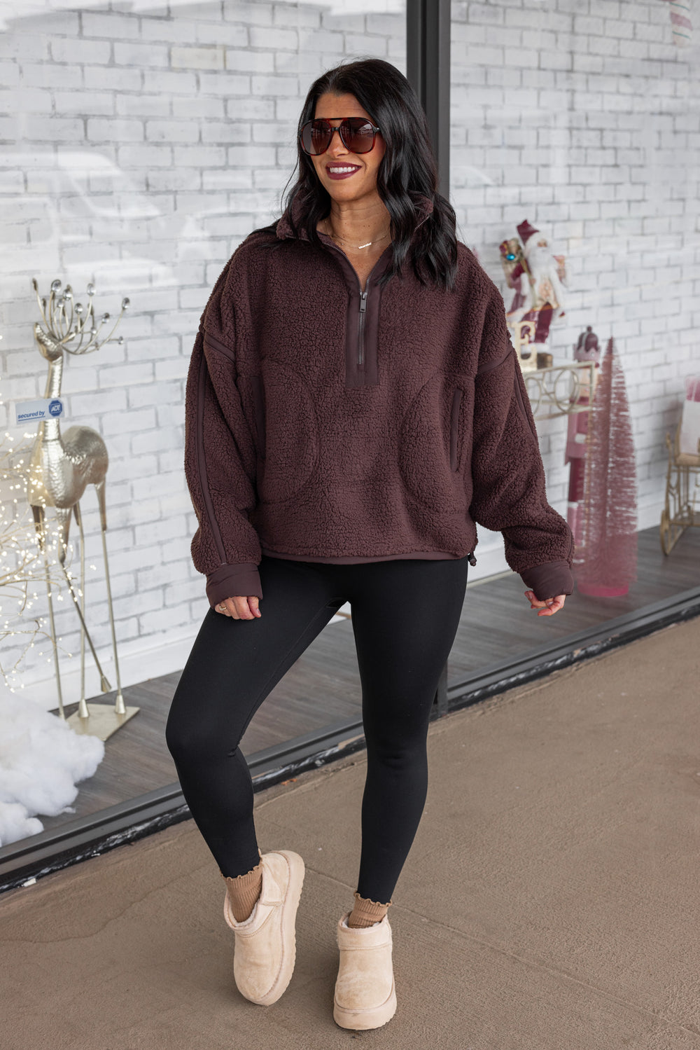 Women's espresso sherpa quarter zip pullover jacket with espresso trim by Rae Mode, perfect for cooler weather