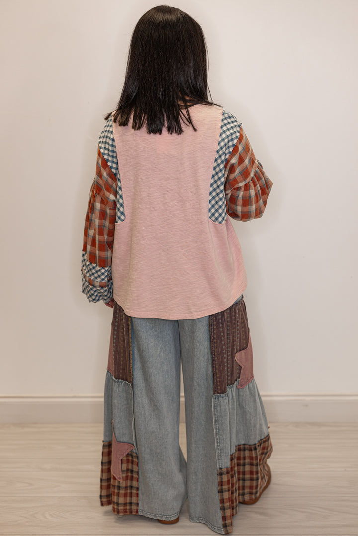 pink plaid color block long sleeve top