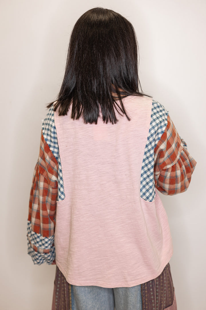 pink plaid color block long sleeve top