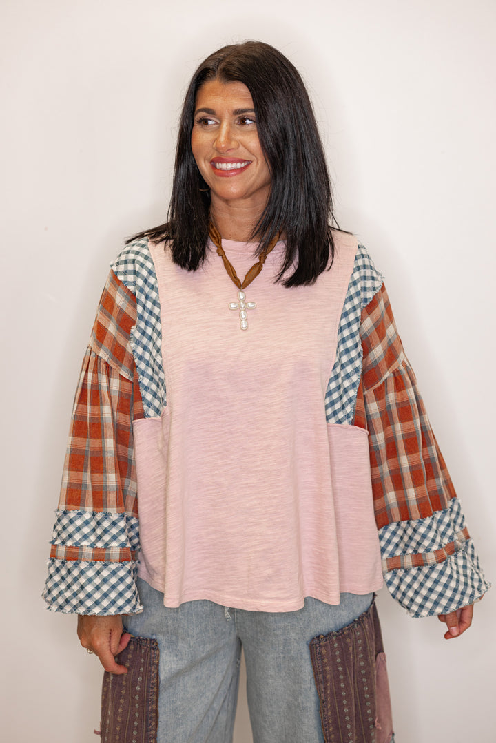 pink plaid color block long sleeve top