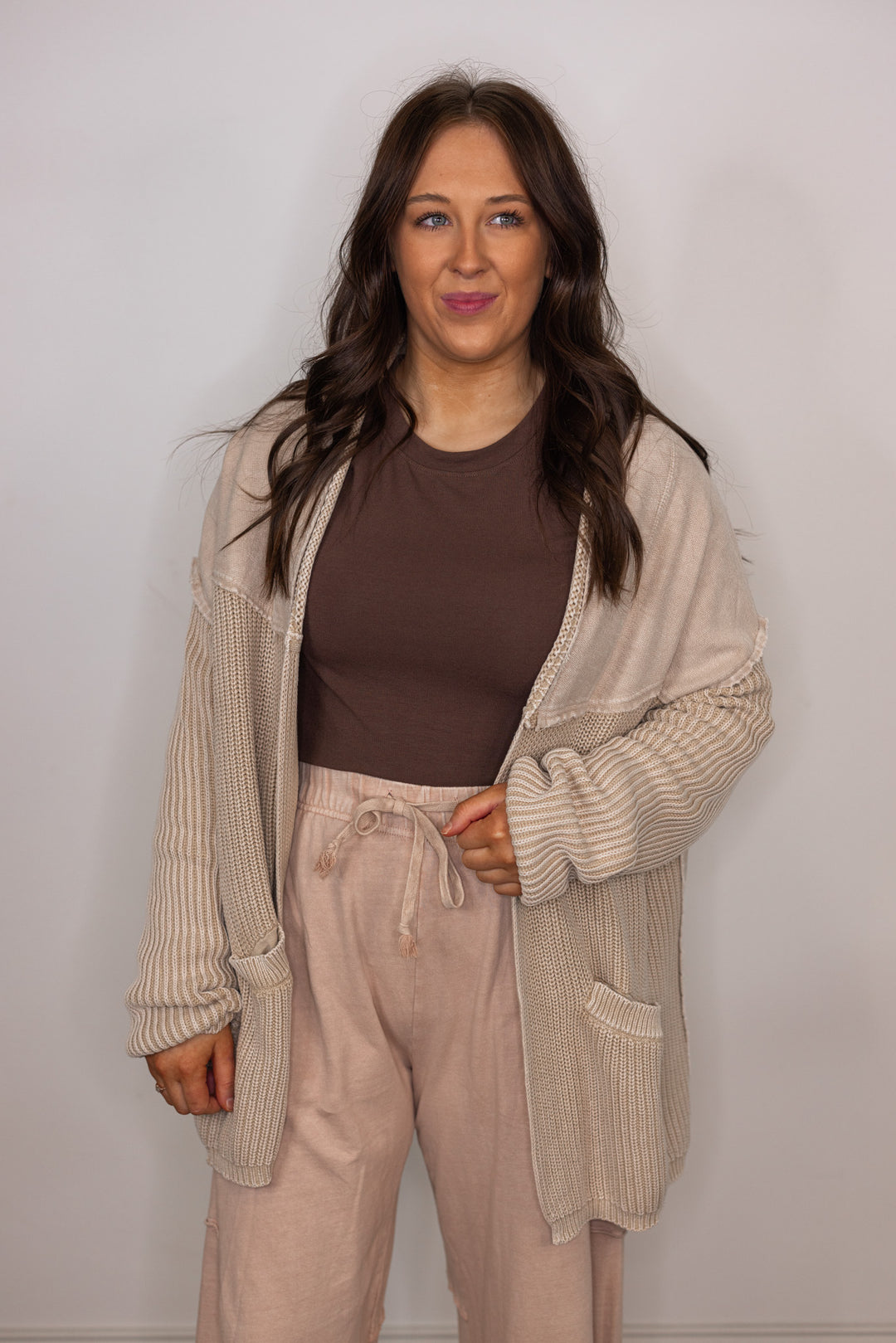 taupe woven knit sweater cardigan