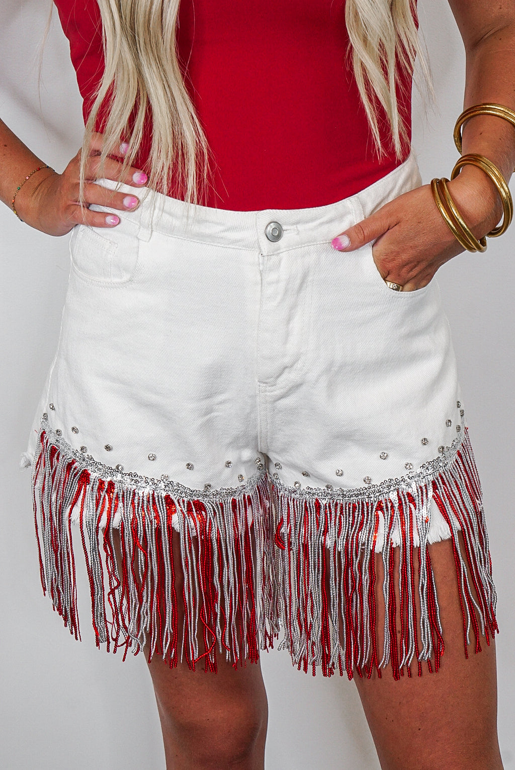 sequin fringe red white denim shorts