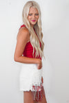 sequin fringe red white denim shorts