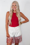 sequin fringe red white denim shorts