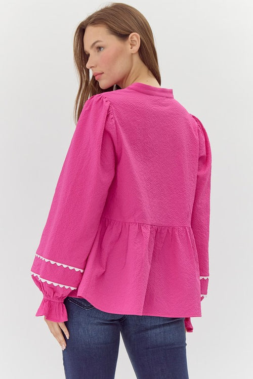 Jodifl Fuchsia pink textured babydoll top with scalloped embroidery trim