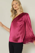 feather trim sleeve satin top