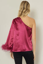 feather trim sleeve satin top