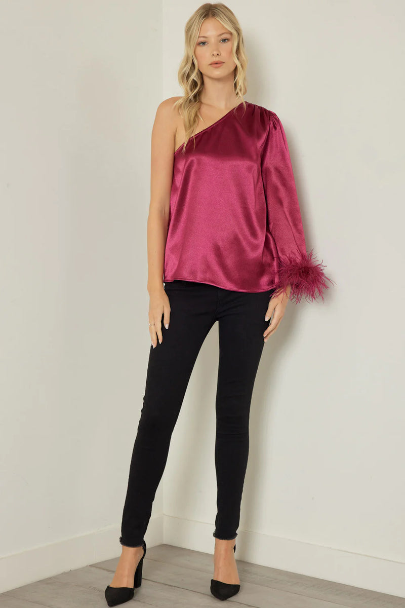 feather trim sleeve satin top