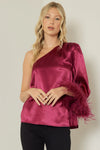 feather trim sleeve satin top