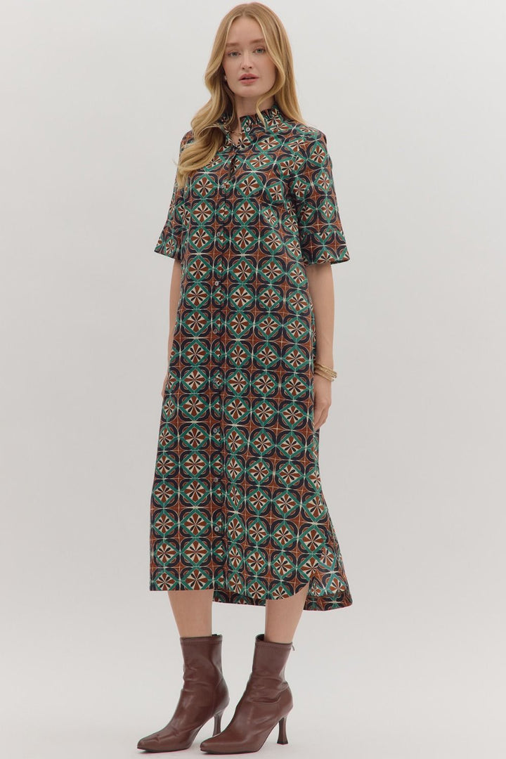 entro geometric printed fall brown midi dress side