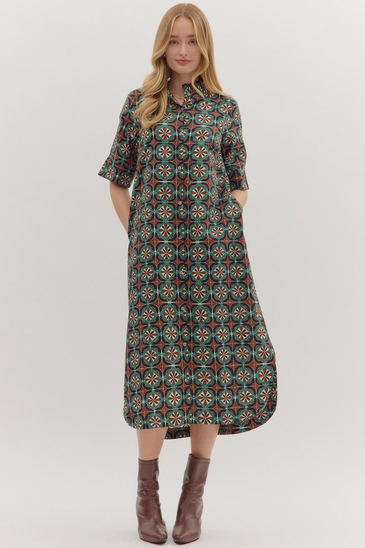 entro geometric printed fall brown midi dress pockets
