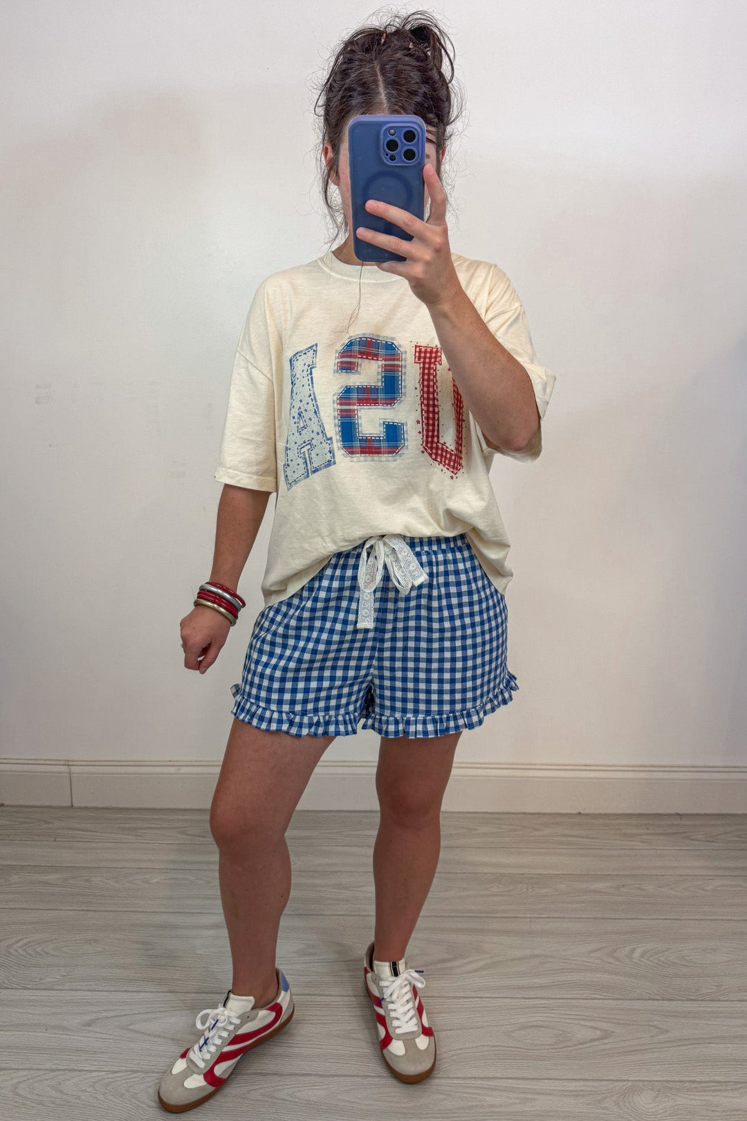 blue gingham shorts with ruffle trim