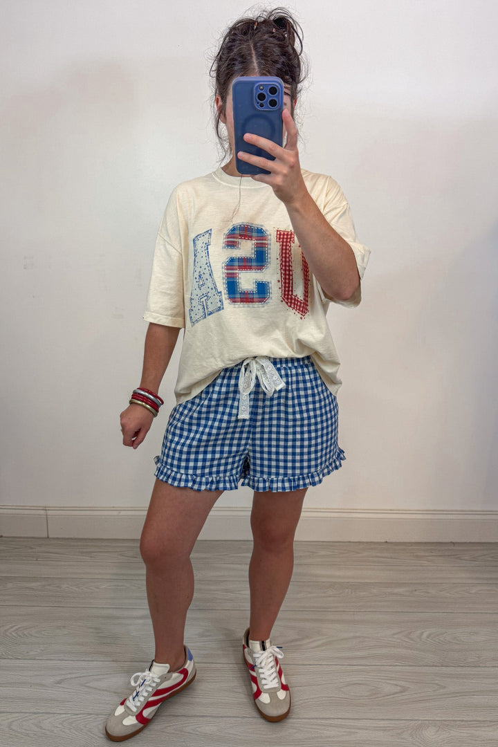 blue gingham shorts with ruffle trim