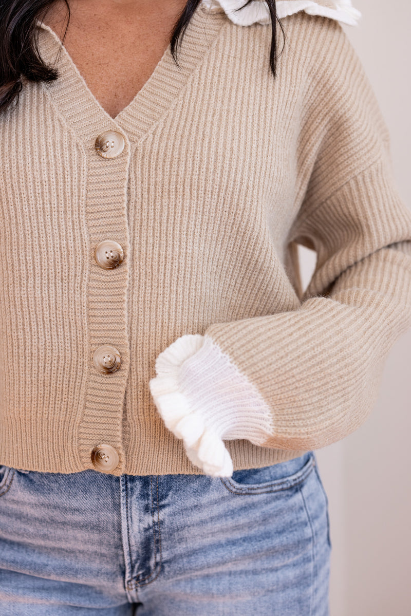 oatmeal ruffle trim sweater