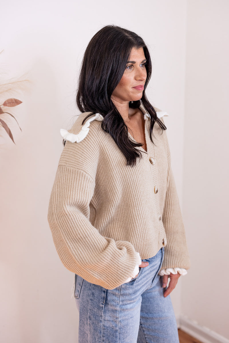 oatmeal ruffle trim sweater