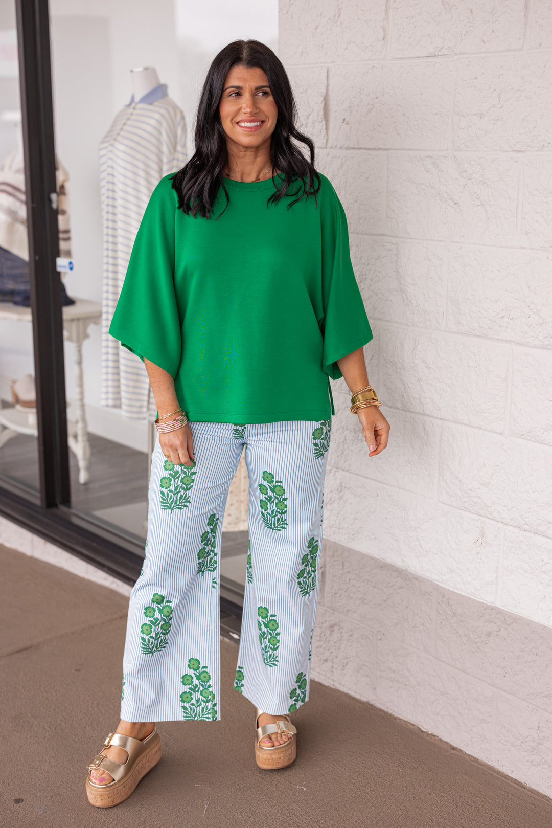 blue stripe green floral wide leg twill pants
