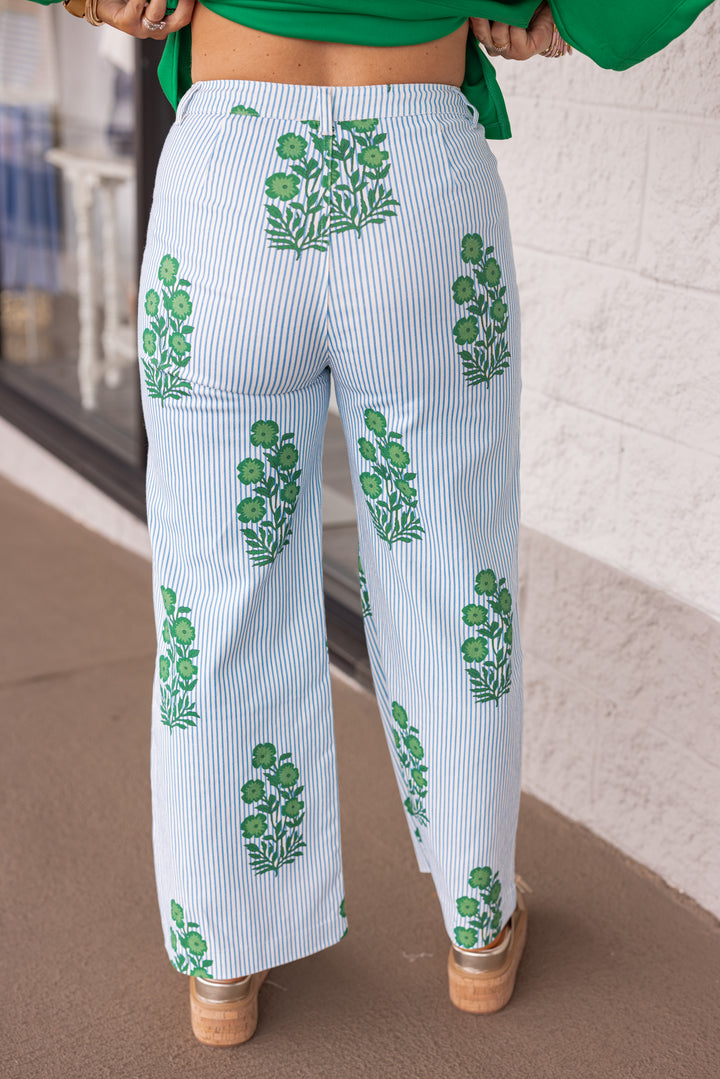 blue white stripe green floral wide leg twill pants back