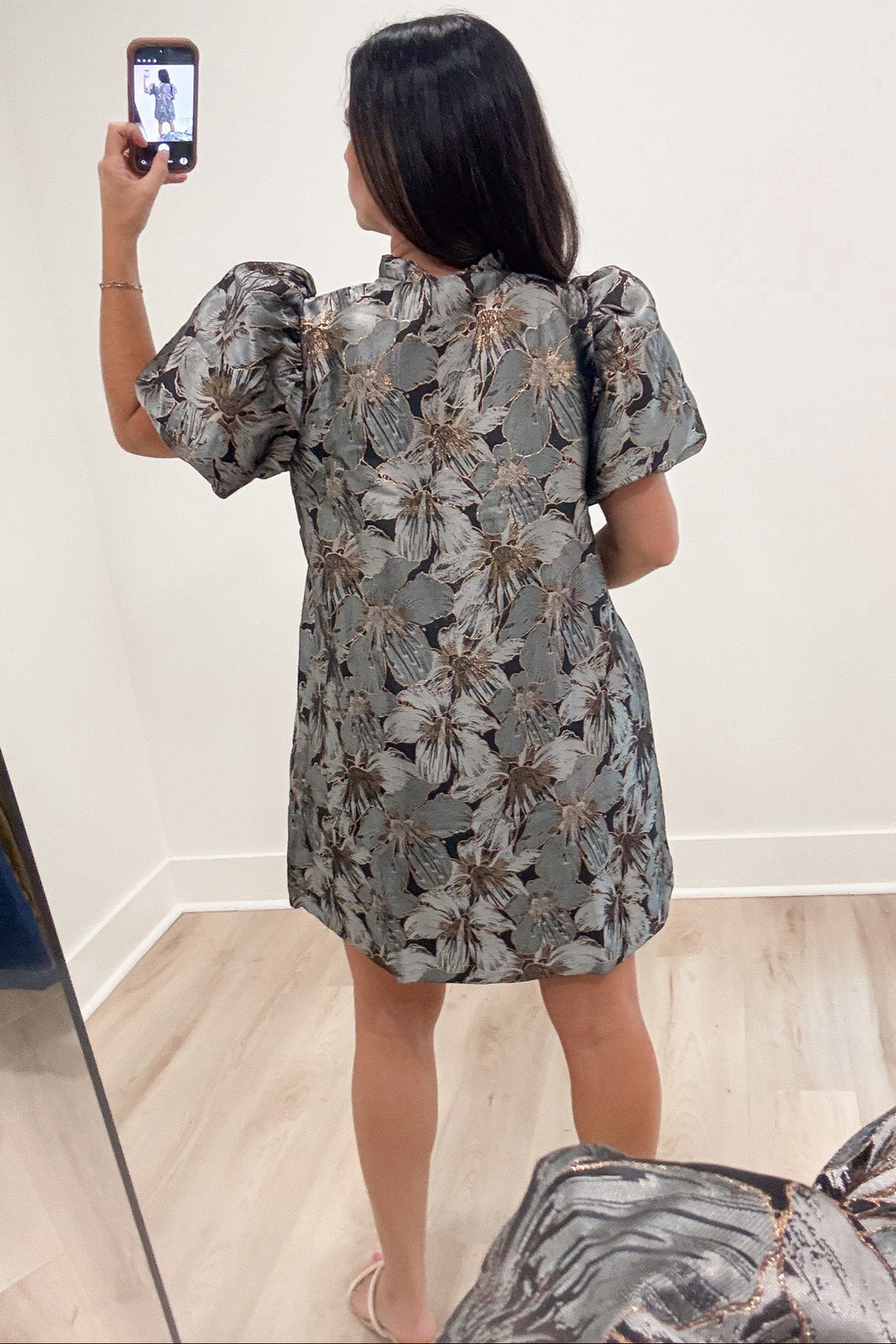gray and black floral print metallic accent short puff sleeve v neckline short dress