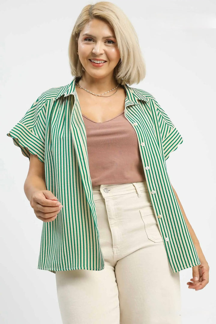 Women's Umgee green and beige striped top with scalloped sleeves showing open layered option.