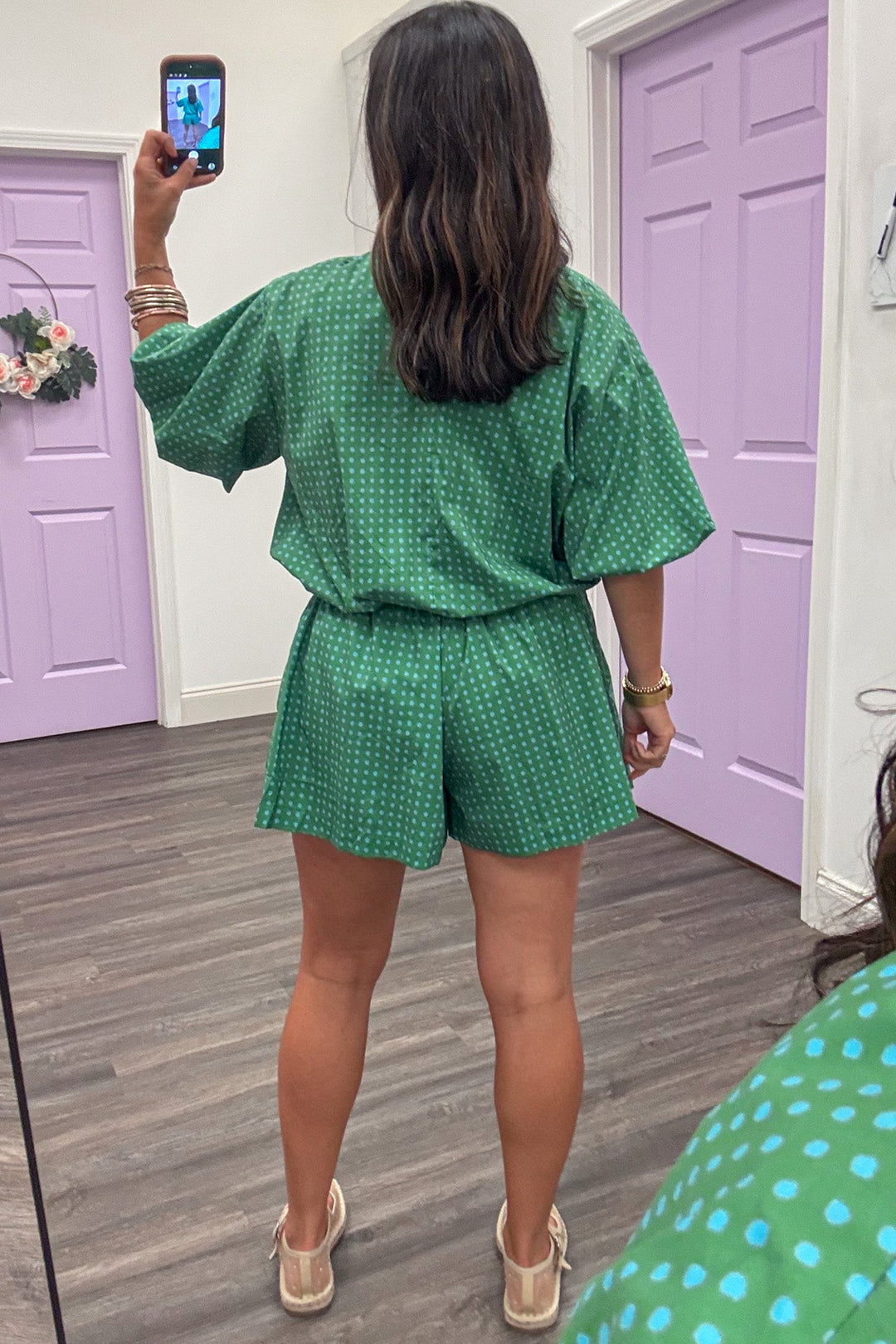 green with small blue polka dot print wide leg fit lightweight cotton poplin shorts