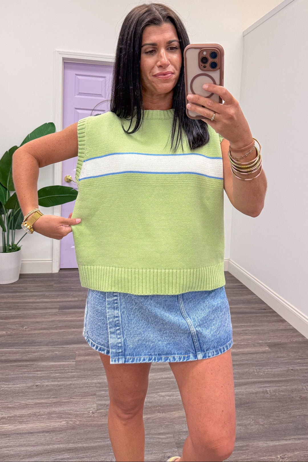 lime green with blue and cream stripe detail sleeveless knit top relaxed silhouette