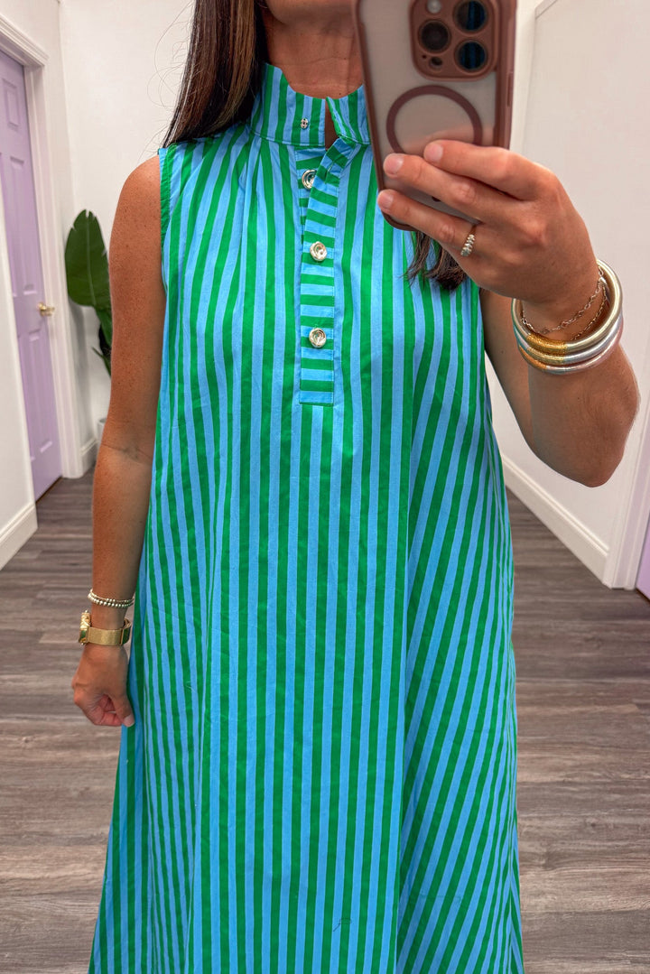 green and light blue striped with gold decorative bodice buttons mock neckline sleeveless midi dress