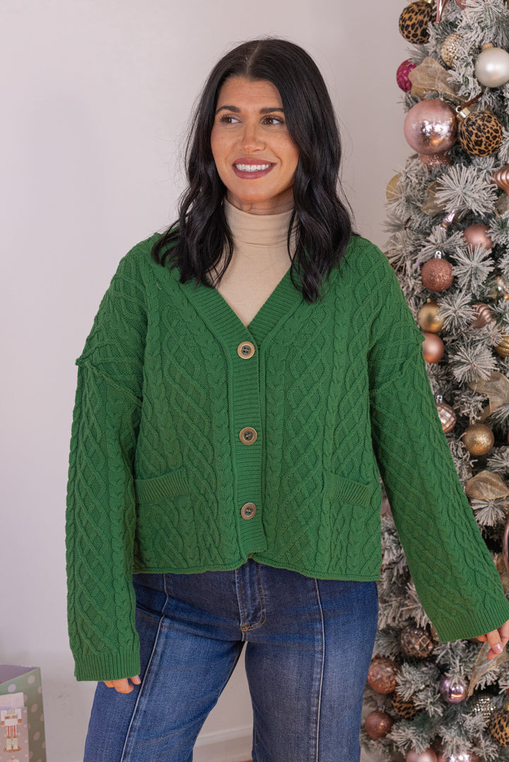 Women's cable knit button front sweater cardigan in forest green with ribbed trim by Entro