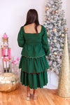 holiday green tiered scalloped hem midi dress