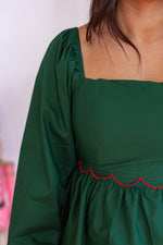 holiday green tiered scalloped hem midi dress