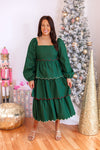 holiday green tiered scalloped hem midi dress