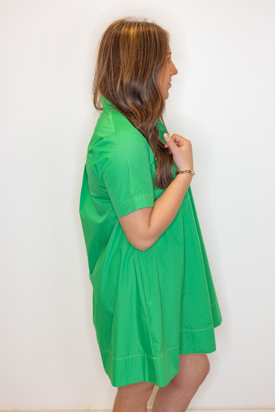 green poplin casual short swing dress