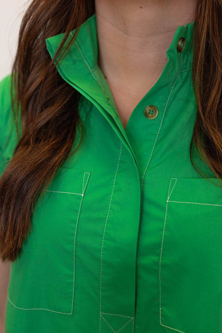 green poplin casual short swing dress