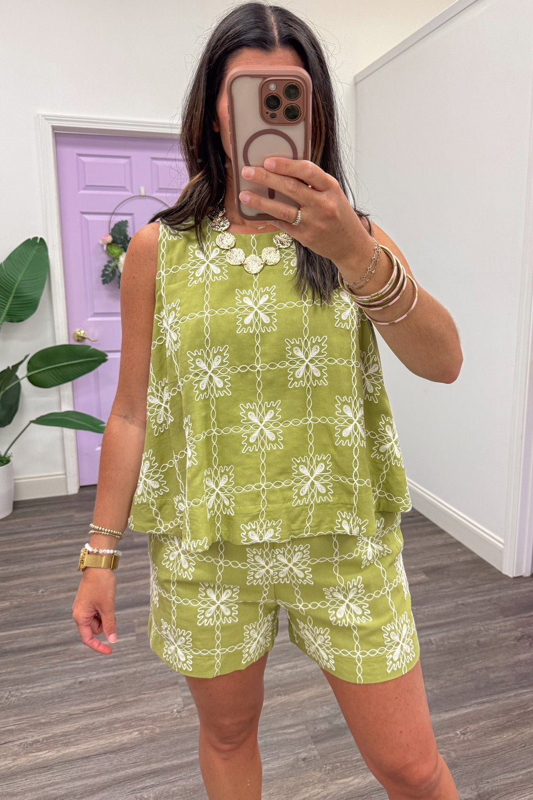 avocado green with cream checkered flower embroidery print top