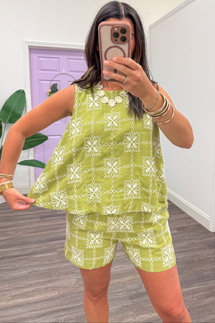 avocado green with cream checkered flower embroidery relaxed fit top
