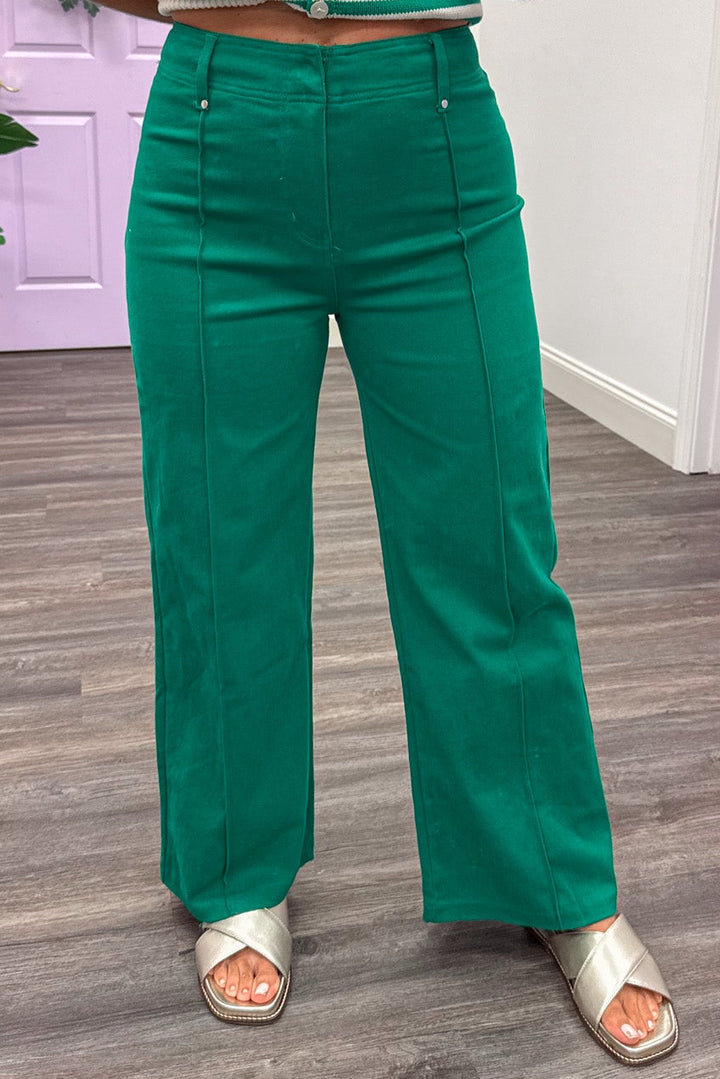 green high rise wide leg hook eye zipper closure denim pants with pintuck seam details