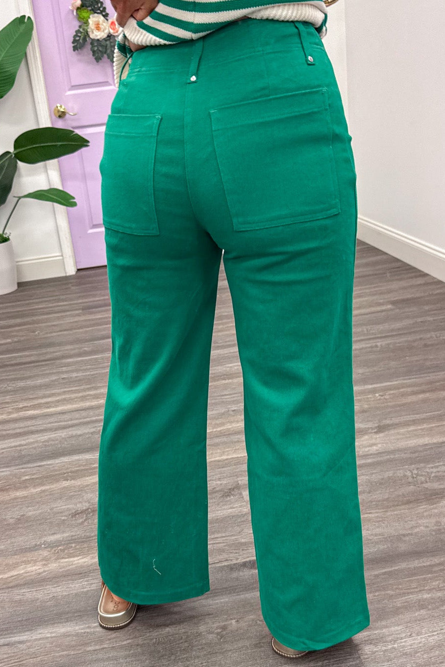 green high rise wide leg denim pants with pintuck seam details and back pockets