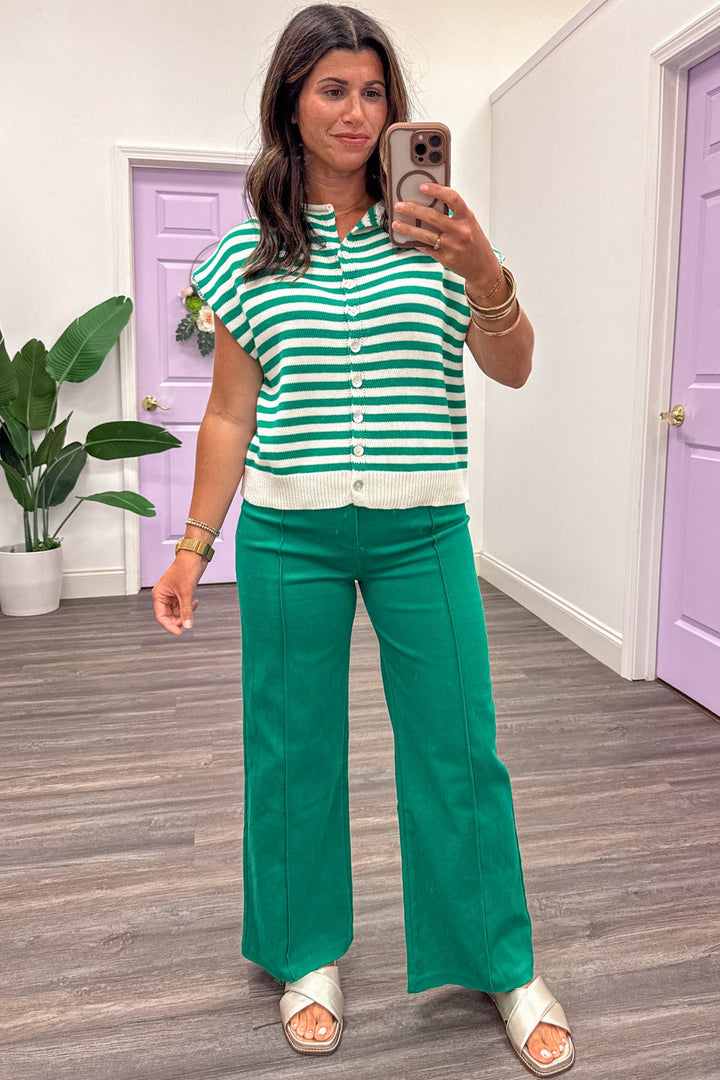 green high rise wide leg denim pants with pintuck seam details