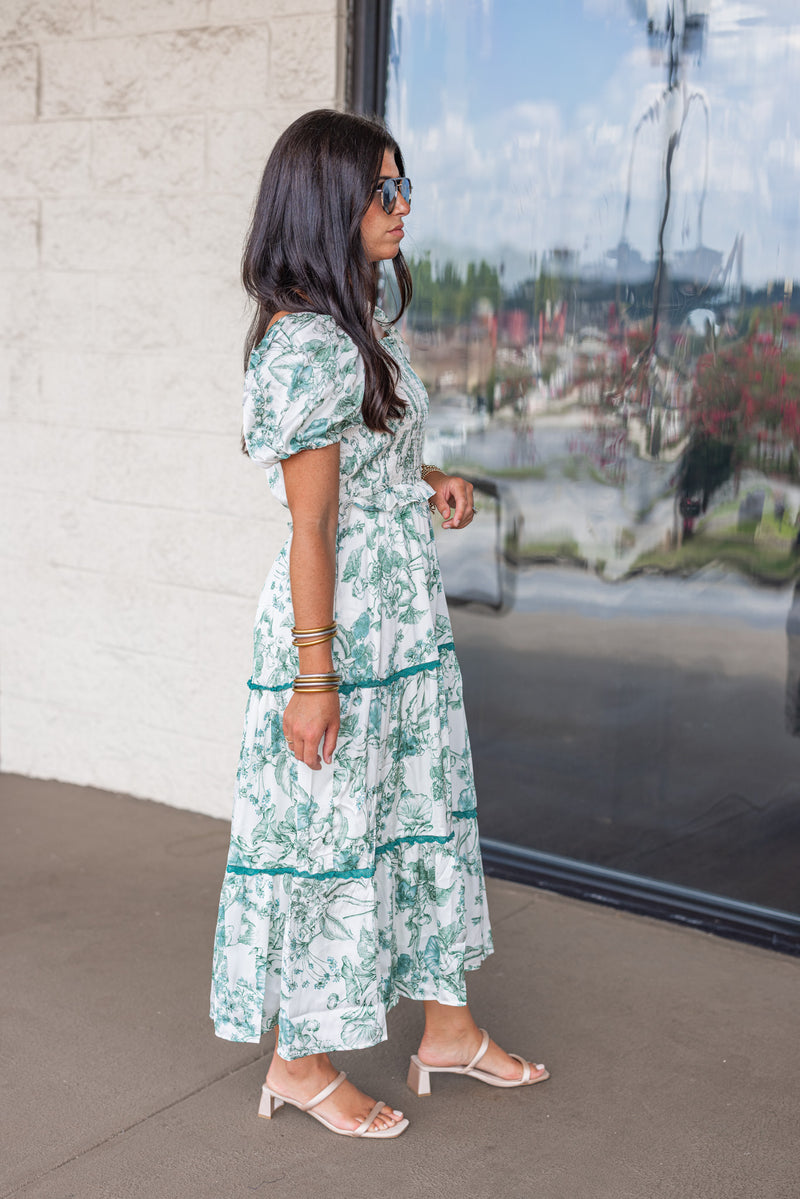 satin green floral tiered midi dress