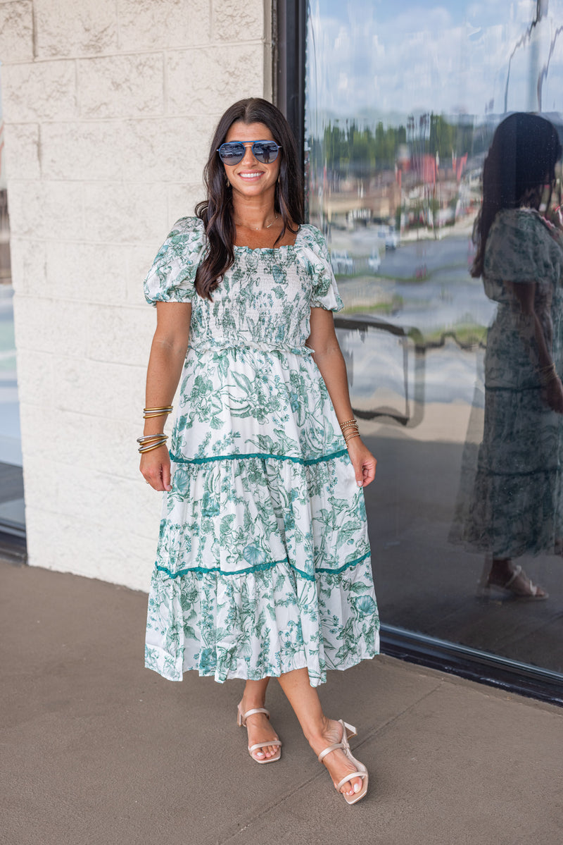 satin green floral tiered midi dress